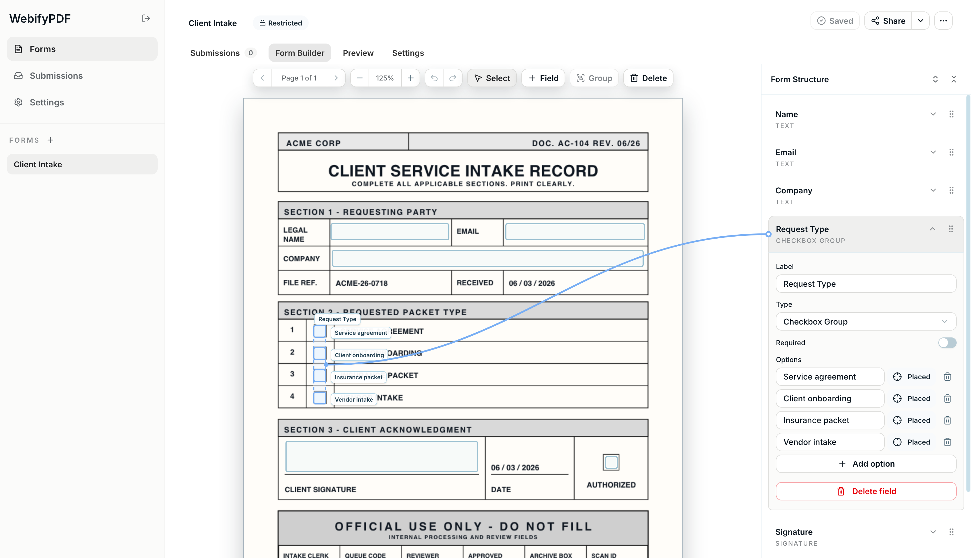 WebifyPDF form builder showing a client intake PDF with mapped fields and the form structure panel.